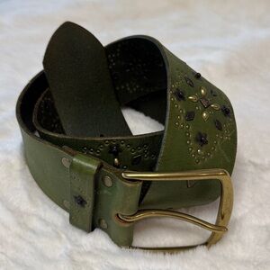 Linea Pelle Genuine Leather Green Vtg Bohemian Western Belt, Solid Brass Buckle